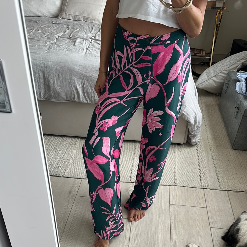 Anthropologie Dark Green Pants with Pink Floral Design
